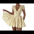 thumbnail image 2 of Vestido de Mujer con Escote en V, Estampado, Ajustado, Abullonada, Cordón Ajustable, Amarillo, Talla L, 2 of 10
