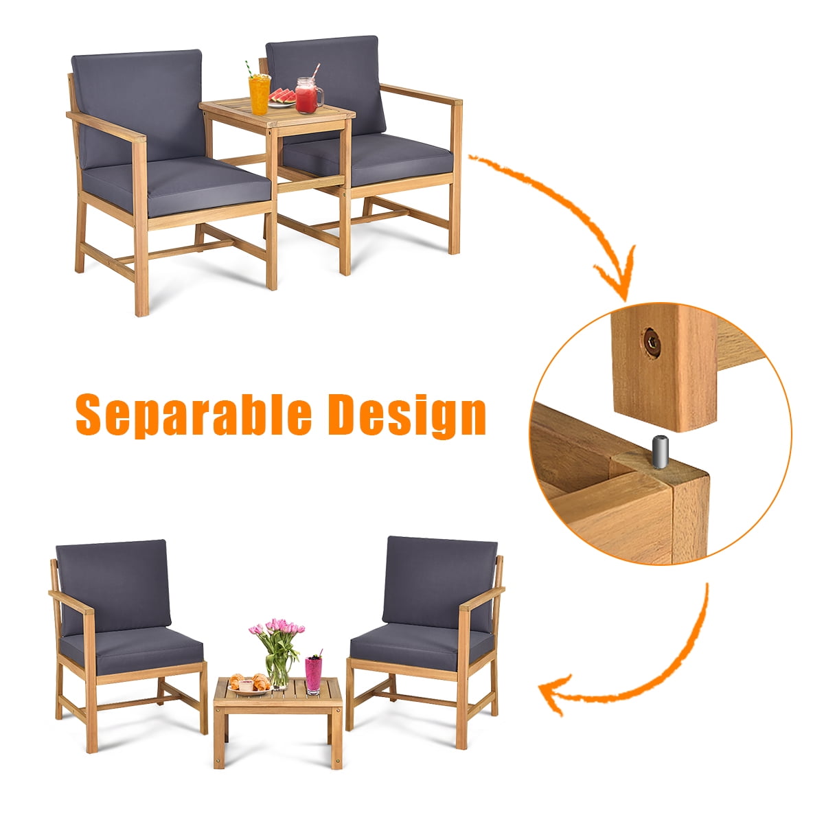 Costway 3 in 1  Patio Table Chairs Set Solid Wood Garden Furniture