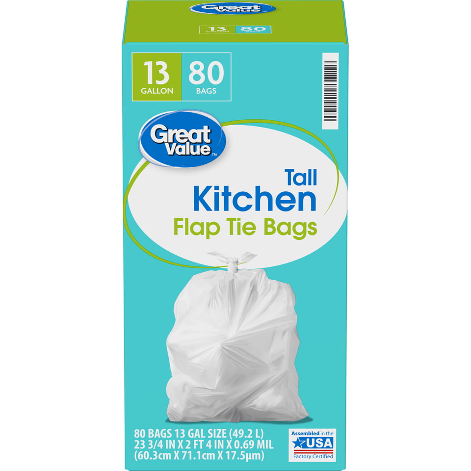 Great Value Tall Kitchen Flap Tie Trash Bags, 13 Gallon, 80 Count 