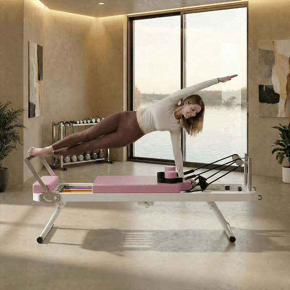 Pilates Reformer Machine for Home Gym Workout, Foldable Pilates Equipment with High Strength Alloy Springs for Beginners, Up to 330lbs,Pink