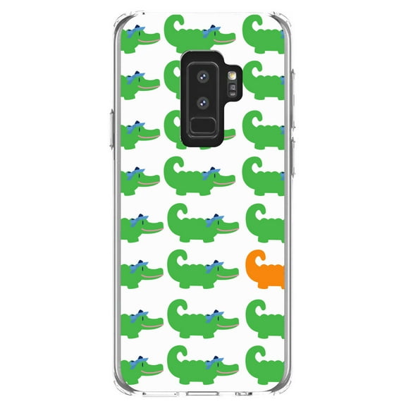 DistinctInk Clear Shockproof Hybrid Case for Samsung Galaxy S9  PLUS (6.2" Screen) - TPU Bumper, Acrylic Back, Tempered Glass Screen Protector - Green Orange Blue Alligator Gator - Cartoon Alligators