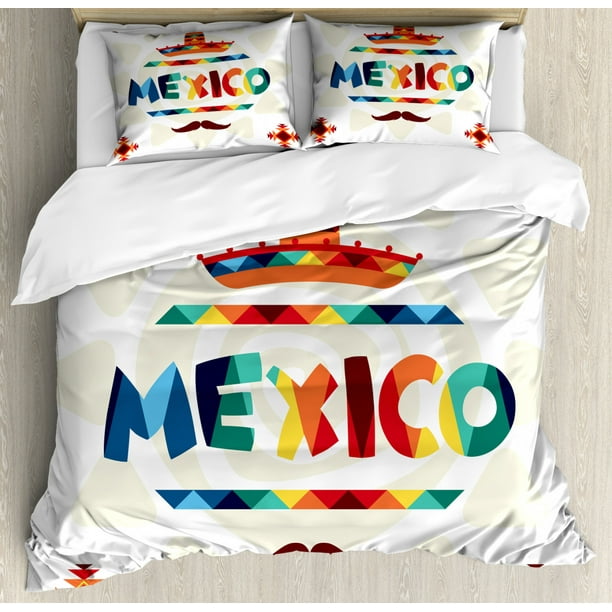 Mexican Duvet Cover Set King Size, Mexico Traditional Aztec Motifs and Sombrero Straw Hat and