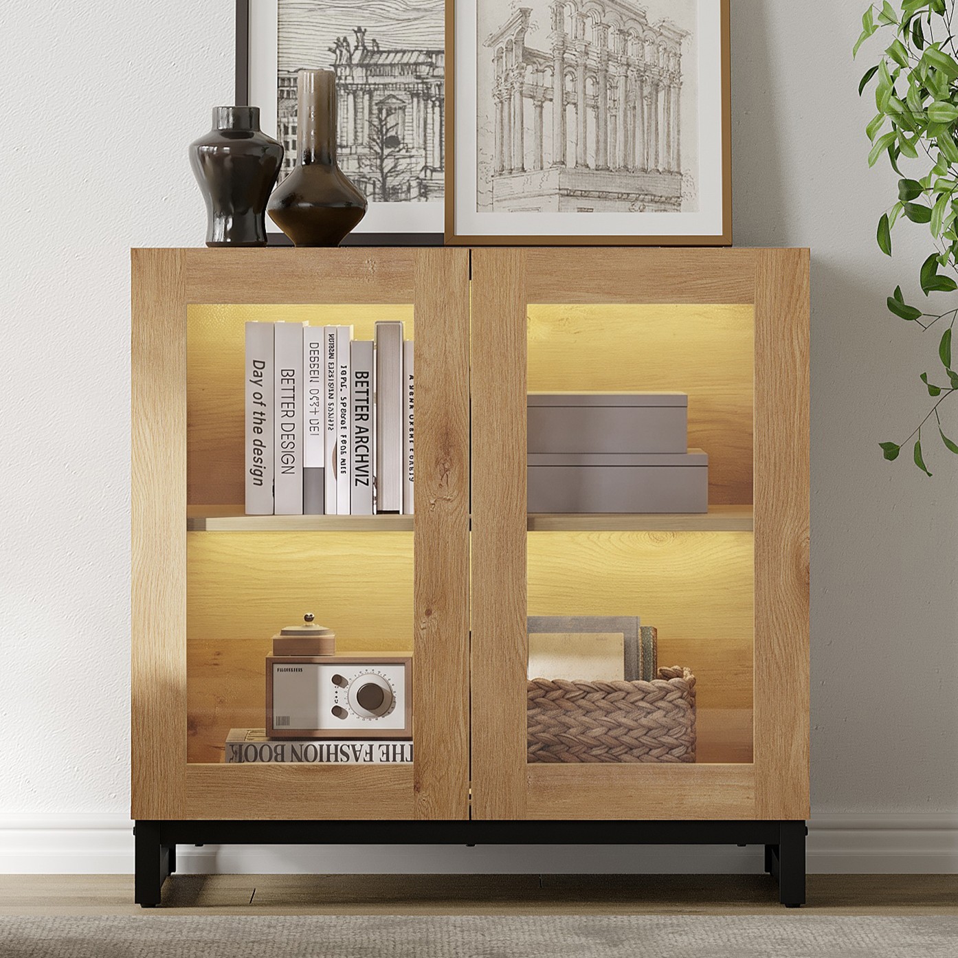 Modern TV Stand with Glass Doors, Entertainment Center TV Console with Adjustable Shelves, Media Storage Furniture for 32-40 Inch TVs, Suitable for Living Room,Oak
