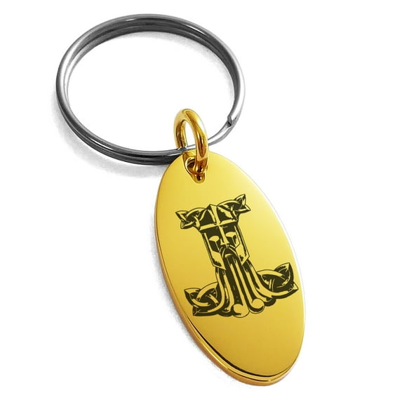 Stainless Steel Thor's Hammer Mjolnir Celtic Viking Rune Engraved Small Oval Charm Keychain Keyring