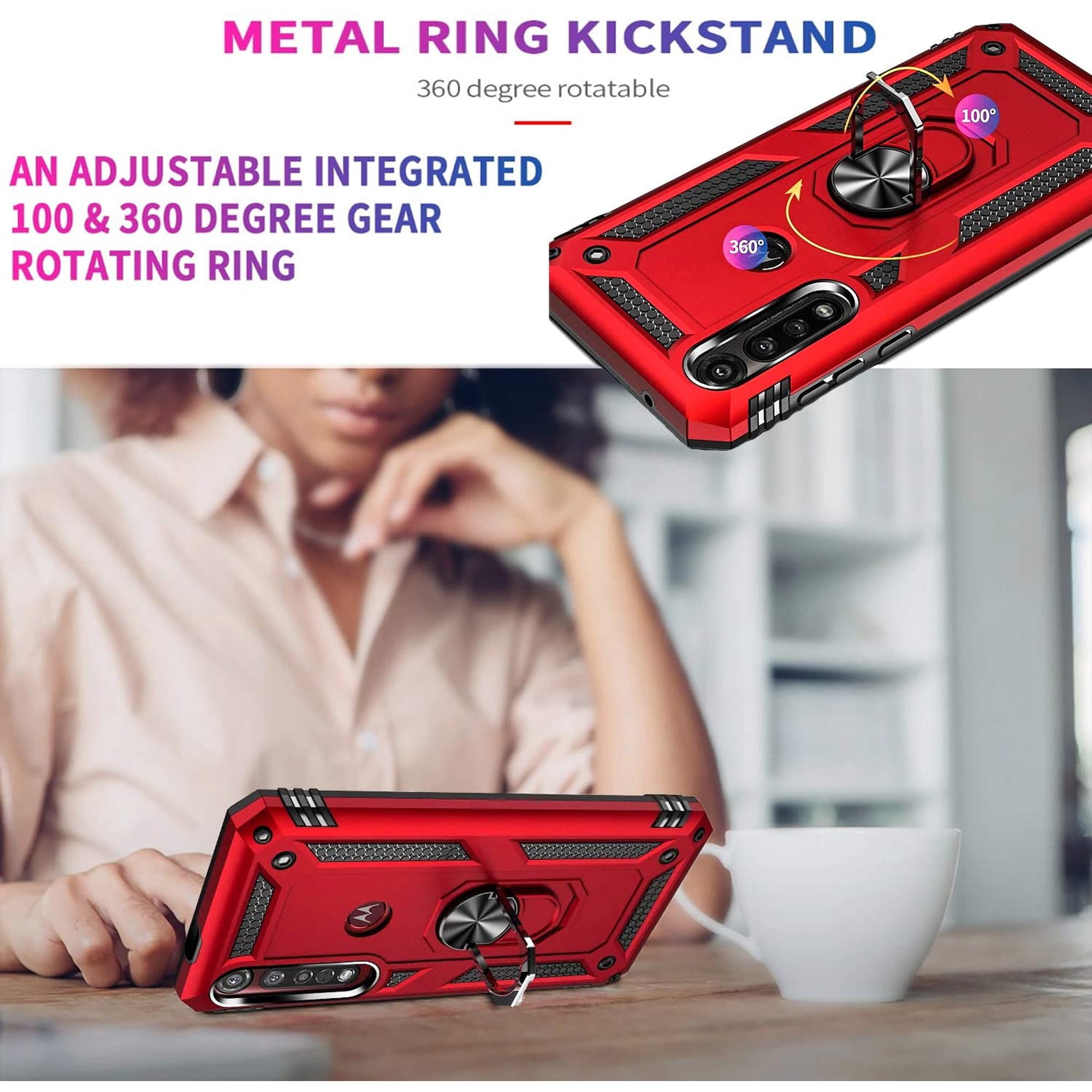 Motorola Moto E7 Power Case, STARSHOP Drop Protection Ring Kickstand Cover- Red