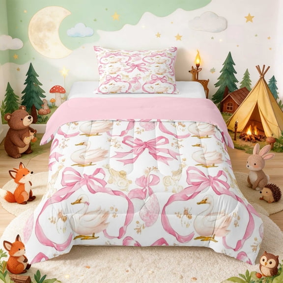 Erosebridal Swan Twin Comforter Sets for Girls, Pink Ribbons Bedding Set, Pink Reversible 2pcs 1 Comforter and 1 Pillowcase