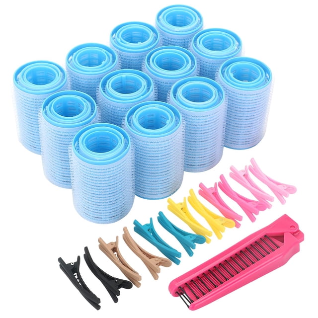 Juego de rulos de pelo con agarre automático, con rulos de peluquería (grande, mediano, pequeño), peine de plástico de bolsillo plegable, pinzas de pico de pato