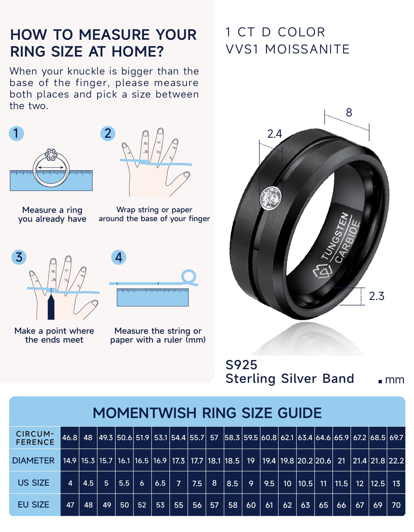 MomentWish Tungsten Ring for Men, Moissanite Wedding Band for Men, 8MM Tungsten Band Black Promise Ring-Size6