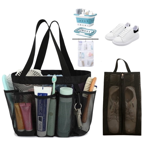 RYLZX Mesh shower ball bag and shoe bag set Portable for College Dorm Room Essentials, 8-Pocket Large Shower Basket Tote Bag with 2 Handles for Toiletry, Bathroom, Beach, Camp, Gym