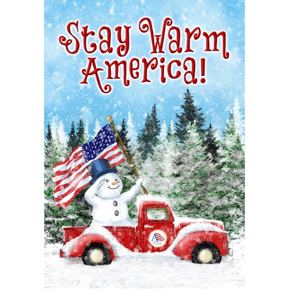 America Forever Flags Double Sided Garden Flag - Stay Warm America - 12.5" x 18", Patriotic Snowman Christmas Holiday Decor with Red Truck, Outdoor Winter Decorative Seasonal Yard Flag USA