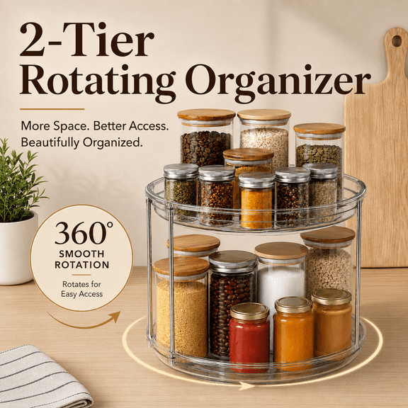 TAVENE 2 Tier Lazy Susan Turntable Organizer 9.25'' Rotating Spice Rack Organization for Cabinet, Kitchen, Pantry, Countertop, Bathroom, Vanity, Medicine Cabinet Organizer, Clear