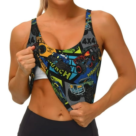 Qokaie Off-Road Vehicle Pattern Womens Scoop Neck Sports Bra Breathable Workout Vest Padded U Back Medium Impact Fitness Gym Yoga Bra Workout Crop Top