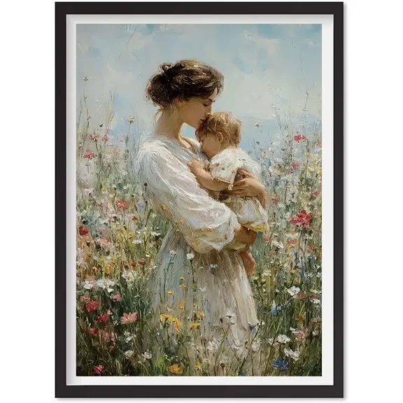Mother And Child Print: Impressionist Wildflower Field Art, Matte Canvas Stretched, Posters for Room Bedroom Living Room Bathroom Wall Decor, Posters & Art Prints, Gift.