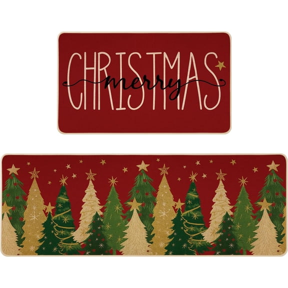 Christmas Kitchen Mat Set of 2, Non-Slip Red Merry Christmas Kitchen Rugs for Floor Seasonal Winter Home Decor Low-Profile - 17x29 and 17x47 Inch