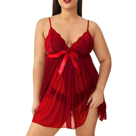 

DYMADE Womens Plus Lingerie Silk Satin Sexy Sheer Lace Nightshirt Nightgown Nightdress with G-Strings