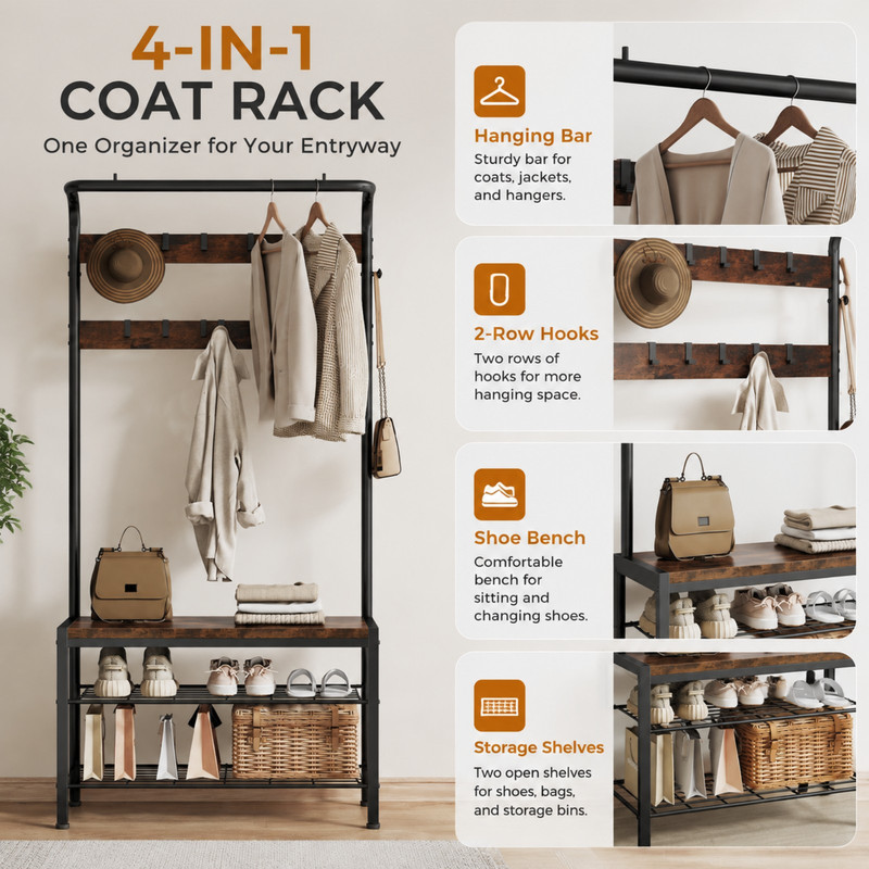 BEAUTYPEAK 5-in-1 Hall Tree 72"x28" Entryway Coat Rack with Shoe Bench Hanging Rod 10 Movable Hooks and 2-Tier Shoe Storage, Rust