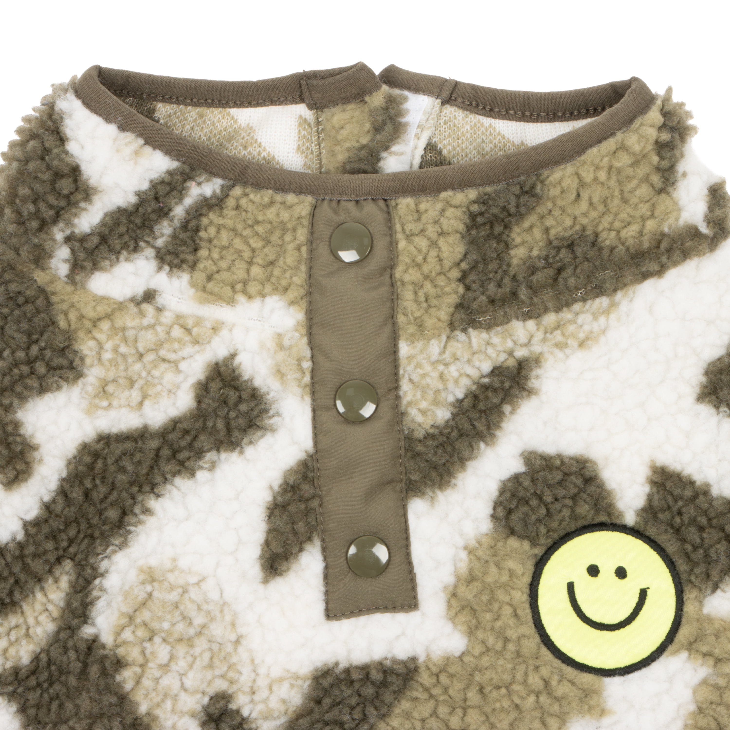 Oodles Smiley Face Fall Camo Sherpa Dog Jacket, Green, Large
