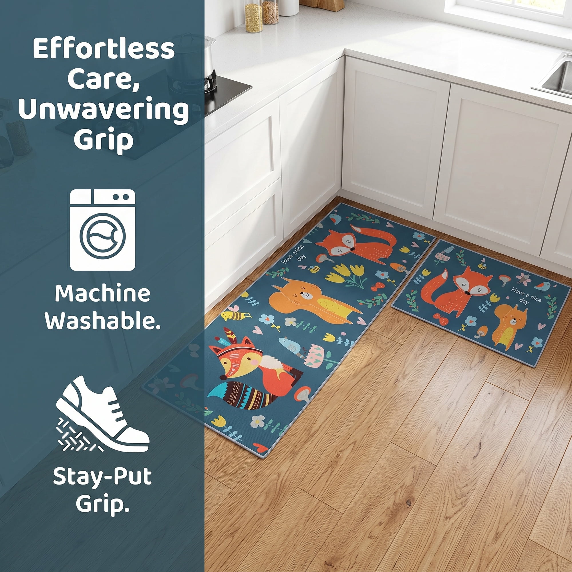 Unique Bargains Non Slip Cat Floral Printed Kitchen Rugs and Mat Dark Blue 24"x16"+47"x16"