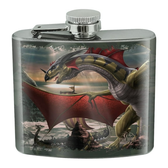 The Sentinel Dragon Viking Fantasy Stainless Steel 5oz Hip Drink Kidney Flask