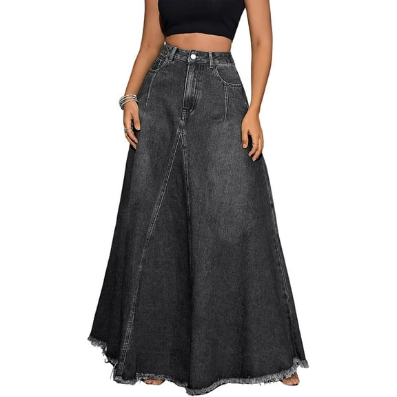Women's Retro Distressed High Waist Frayed Hem A Line Wash Maxi Long Denim Skirt with Pockets