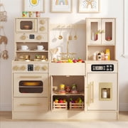 OLAKIDS Kids Kitchen Playset, Wooden Pretend Play Kitchen with Realistic Light Sound 14 Accessories, Toddler Cooking Toy for Boys Girls Aged 3+