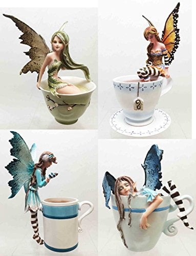 Set of 4 Amy Brown Fairies Green Tea Warm Toes Coffee Hot Cocoa Fairy Sculpture 