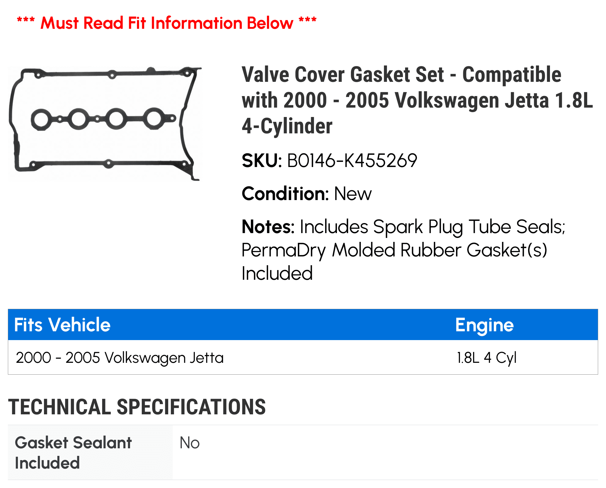 Valve Cover Gasket Set Compatible with 2000 2005 Volkswagen Jetta 1.8L  4-Cylinder 2001 2002 2003 2004