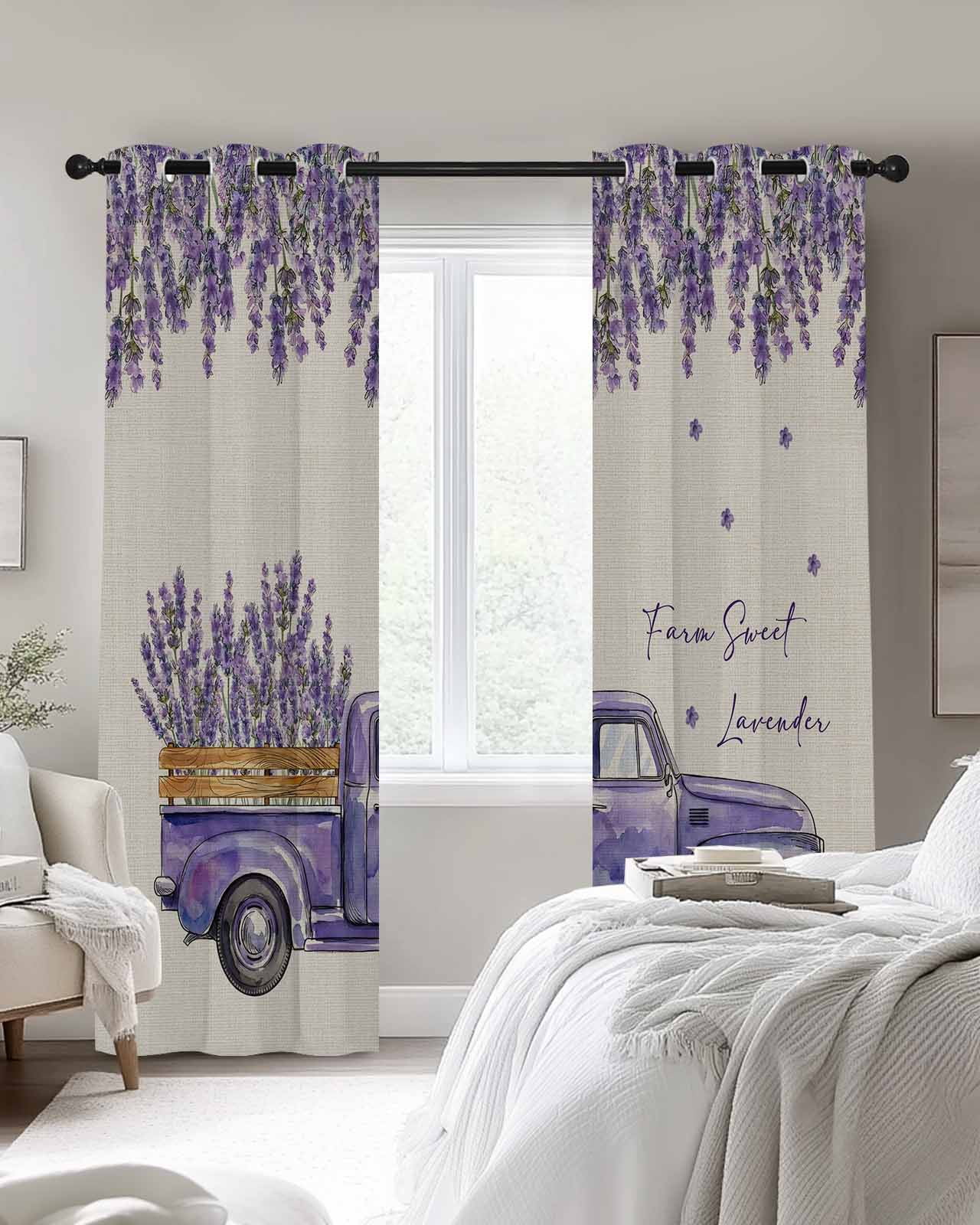 Purple Floral Blackout Curtains 63 Inch Length Farm Sweet Lavender Truck Rustic Linen Texture Thermal Insulated Window Curtain Window Drapes 2 Panels for Bedroom Living Room 52"Wx63"L