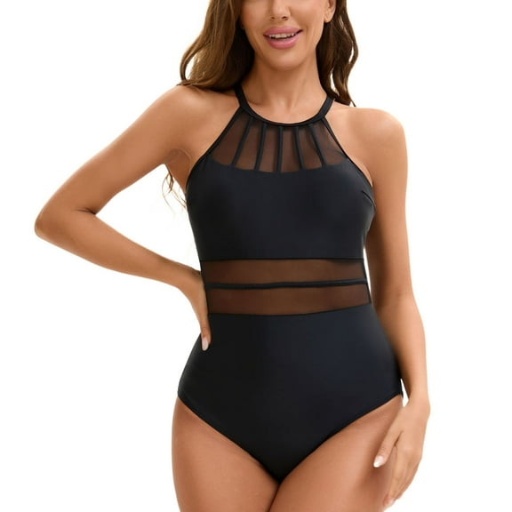 SWSMCLT Women's Breathable One Piece Bathing Suit Mesh Bathing Suit Spring Break Cami Beachwear Cheeky High Neck Brief Black X-Small