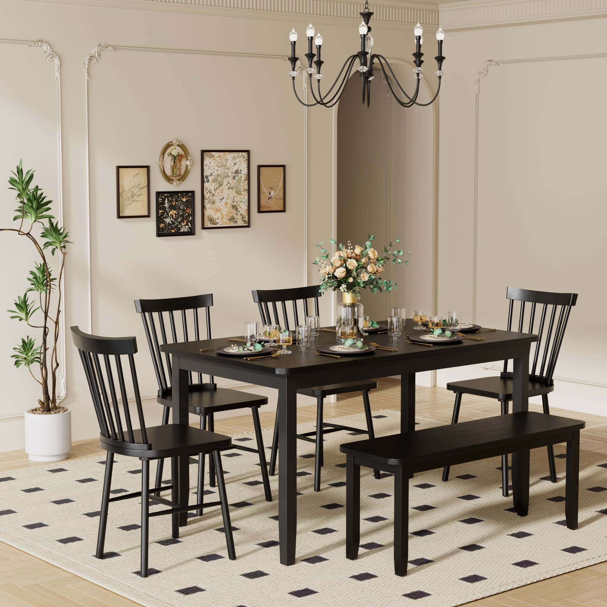 Lacoo Modern Simple Solid Wood Dining Table Set 6-Piece, 1 Table 4 Chairs 1 Bench, Kitchen Dining Room Furniture Set, Multiple Colors Available