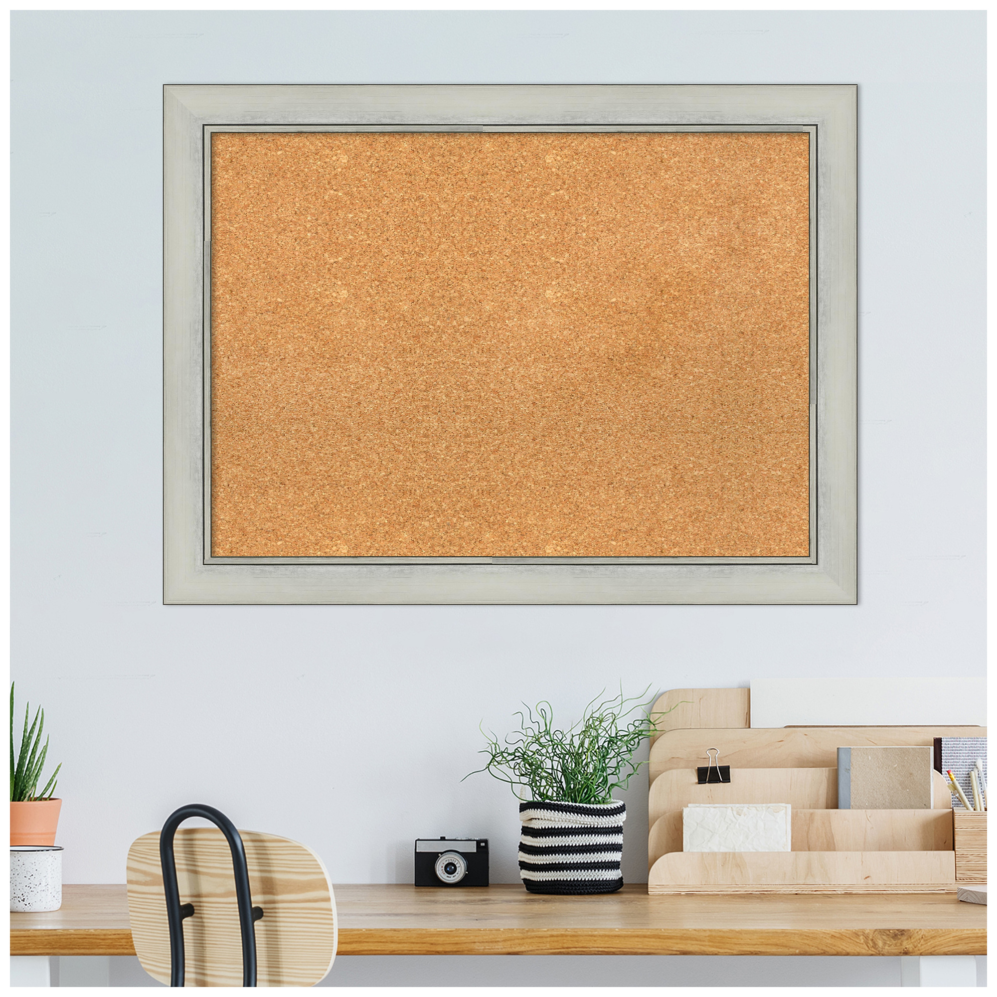 Amanti Art Natural Cork Board Framed Flair Silver Patina Bulletin Board 32 in. x 24 in.