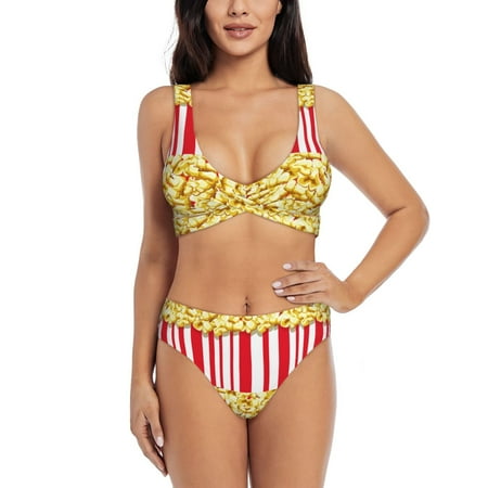 Zeuib Popcorn High Waisted Tummy Control Bikini Set - Knot Front Push Up Top & Cheeky Thong Bottom  Two-Piece Swimsuit for Women-Small