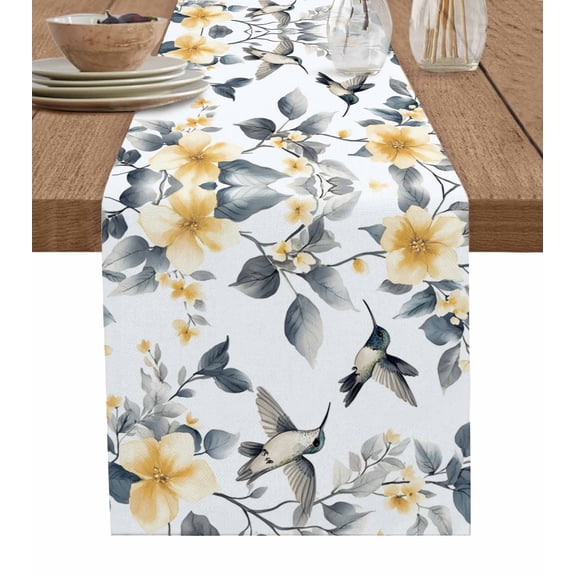 Yellow Grey Spring Floral Table Runner 90 Inches, Birds Summer Botanical Bed Runner Dresser Scarves Tabletop for Indoor Outdoor Parties/Ceremony/Banquet, 13" x 90"