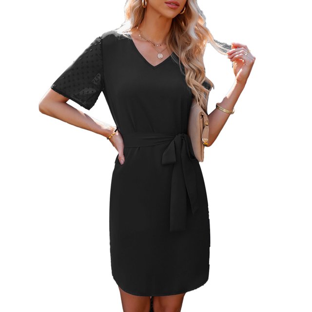 Vestido cruzado con nudo en la cintura, vestido informal de verano con manga corta y cuello en V para uso diario, vacaciones en la playa, negro M