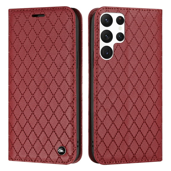 SaniMore for Samsung Galaxy S22 Ultra Magnetic Flip Wallet Embossing Case, Premium PU Leather Case with 2 Card Slots & Multi-Angle Kickstand Full Body Protective Case for Ladies Men, Red