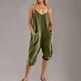 thumbnail image 6 of Womens Casual Linen Jumpsuit with Pocket Spaghetti Strap Capris Pants Rompers V Neck Lace-Up Loose Fit Summer Outfits, Green, XL, 6 of 6