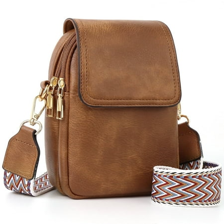 XUEYU Small Crossbody Bags for Women, Vegan Leather Phone Wallet Purses with Detachable & Adjustable Guitar Strap, Double Compartment & Back Zipper Pocket, Trendy Crossbody Purse for Travel, Brown