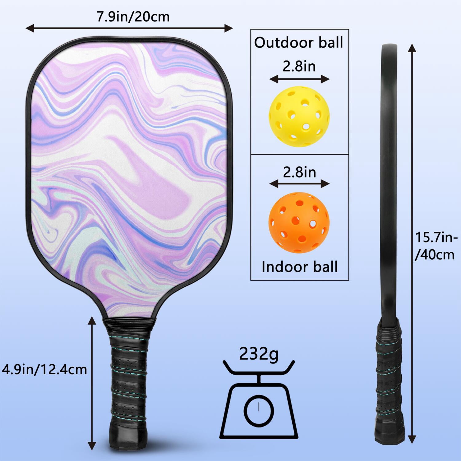 Pickleball Paddles Set Of 1, Fiberglass Surface, Liquid & Marble Print, 1 Paddles, 2 Balls & Bag