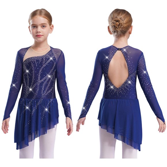 dPois Girl's Lyrical Dance Costume Contemporary Latin Jazz Dance Leotard Dresses Ballerina Outfits Navy Blue 12