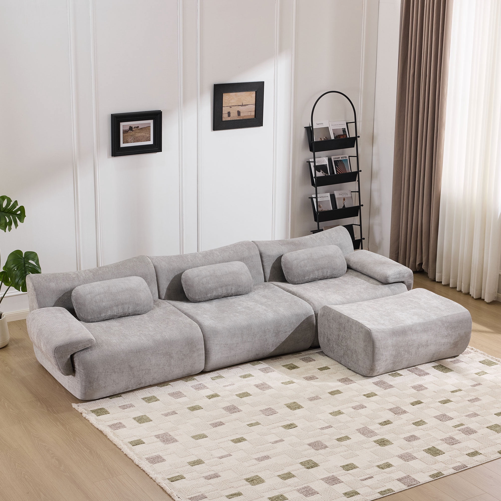 BSHTI 107.9" Chenille Sectional Sofa with 3 Pillows, Comfortable L Shaped Sofa with Premium Fabric and Modern Design for Living Room（Black）