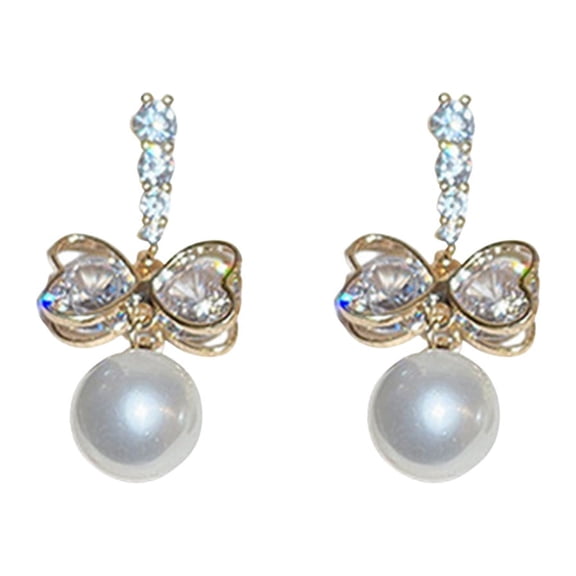 Christmas Gifts Moocorvic Rings for Women Real Gold Electroplated Needle Fashion Zircon Bow Pearl Earrings Luxury Temperament Earrings High-end Sense Earrings( 1Pairs )