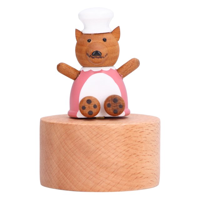 Mini caja de música tallada a mano, figura musical giratoria de madera, adorno con base redonda, abuela lobo