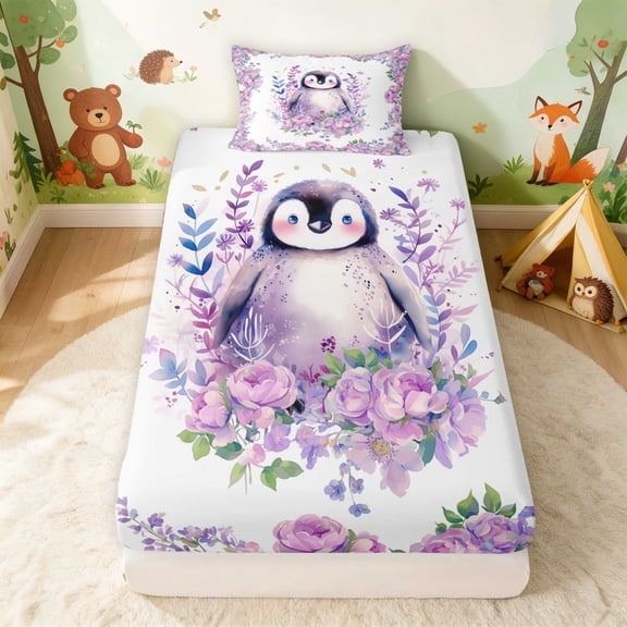Erosebridal Penguin Twin Fitted Sheet for Girls, Purple Flowers Bedding, 2-Piece 1 Fitted Sheet and 1 Pillowcase
