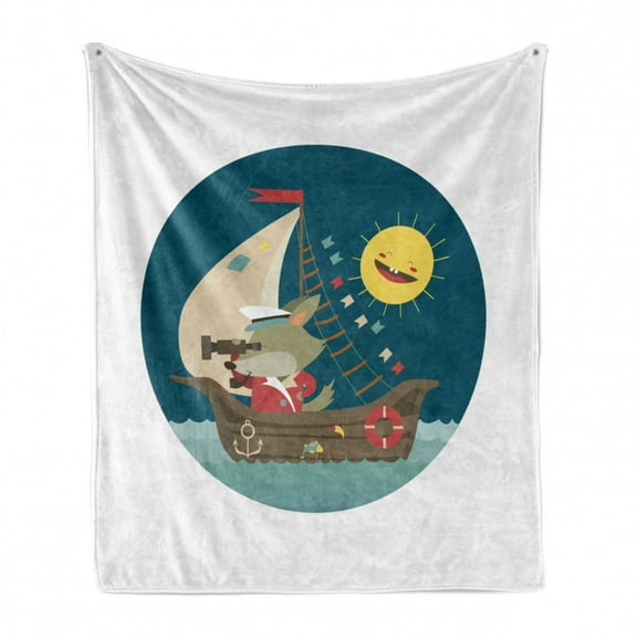 Cartoon Soft Flannel Fleece Throw Blanket, Wolf Captain Sailing into the Ocean Nautical Themed with Laughing Sun, Cozy Plush for Indoor and Outdoor Use, 50" x 60", Multicolor, by Ambesonne