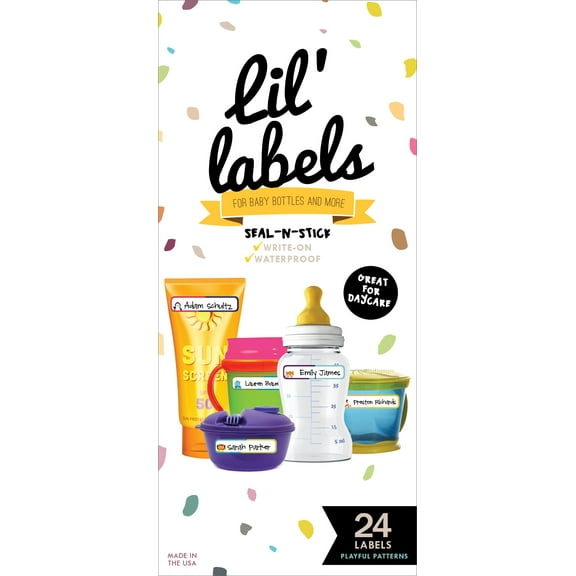 Lil' Labels Waterproof Seal-n-Stick Baby Bottle Labels for Daycare, Playful Patterns