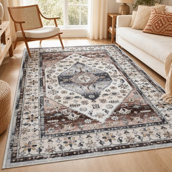 5x7 Washable Area Rug Vintage Oriental Medallion Pattern Low Pile Soft Non Slip Carpet for Living Room Bedroom Office, Dark wine red