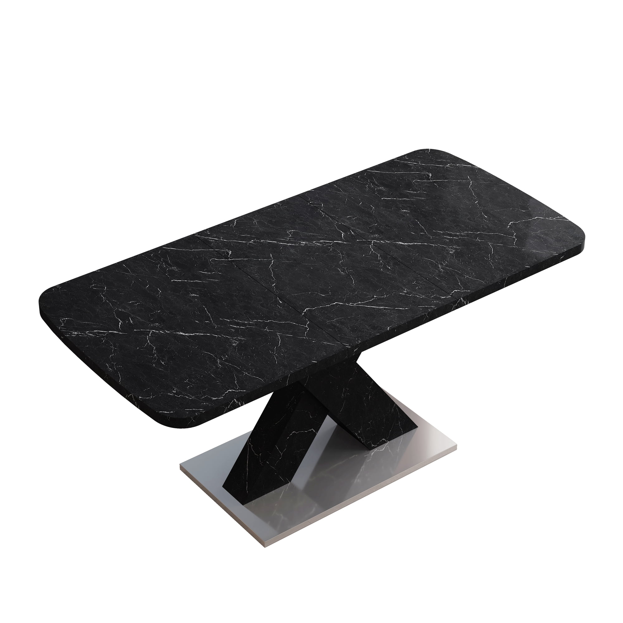 Stretchable Dining Table, Modern Square Dining Table, Black Marble Table Top+MDF X-Shape Table Leg with Metal Base