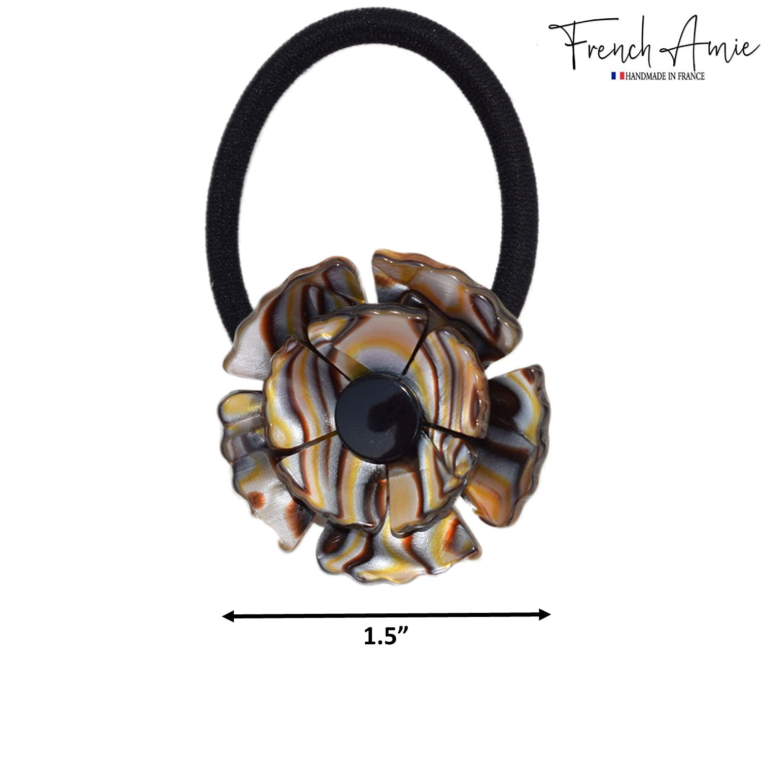 French Amie Fleur Silver Onyx Ponytail Non-Slip Flexible Elastic Hair Tie