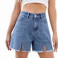 thumbnail image 2 of Jean Shorts for Women High Waisted Stretchy Casual Denim Shorts Front-Slit Frayed Hem Summer Trendy Jorts Light Blue XL, 2 of 9