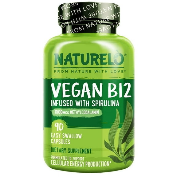 NATURELO Vegan B12 - Methyl B12 With Organic Spirulina - High Potency Vitamin B12 1000 mcg Methylcobalamin - Supports Healthy Mood, Energy, Heart & Eye Health - 90 Capsules
